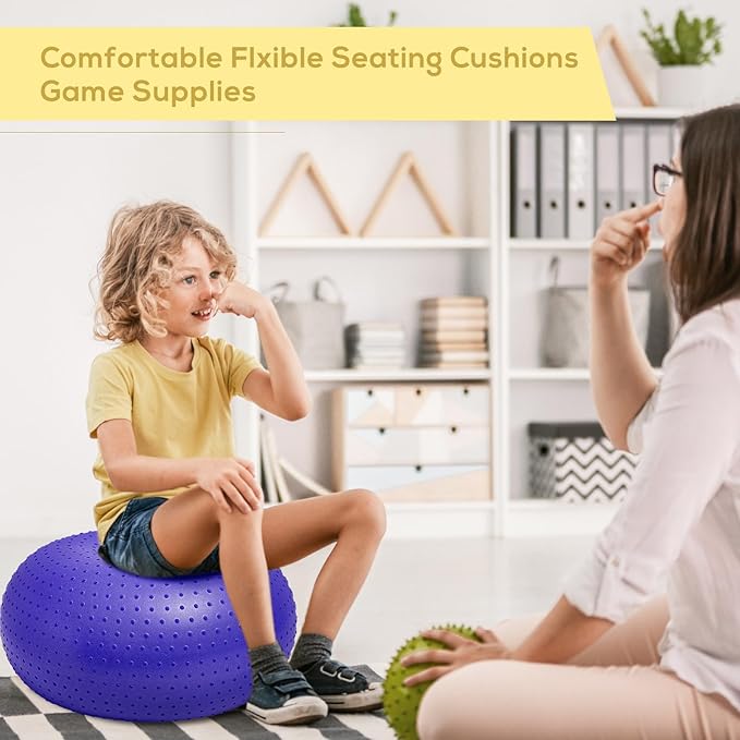 Meooeck 4 Pcs Upgraded Flexible Seating for Classroom 20 Inch Yoga Ball Chairs with Massage Point Inflatable Donut Ball Chair with Inflator for Kids Exercise Sensory Balance School Student Office