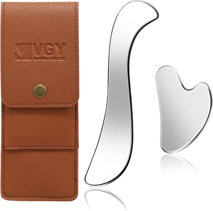 VGY Stainless Steel Gua Sha Facial Tools Set, Tighten Skin Massage Guasha Beauty Tool, Metal Guasha Tool for Face, Face Massager Tool for Body Eyes Neck - Silver