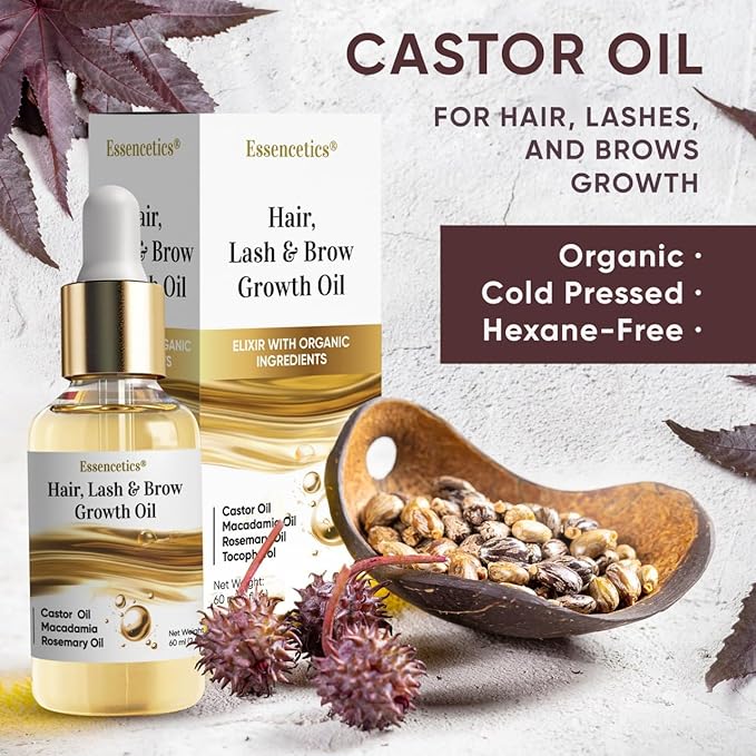 Castor Oil Organic Cold Pressed Unrefined Glass Bottle, Eyebrow Eyelash Growth Serum, Hexane-Free, Pure Rosemary, Macadamia Infused Oils for Hair and Scalp Growth, Natural Brow Lash Oil 2oz