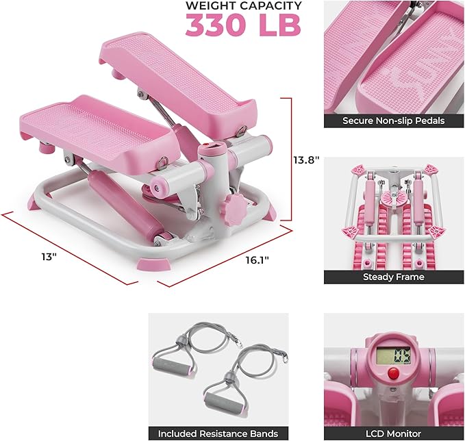 Sunny Health & Fitness Mini Steppers for Exercise at Home, Stair Step Workout Machine with Optional Resistance Bands, Full Body Cardio Equipment, Optional Free SunnyFit App Connection Smart Stepper