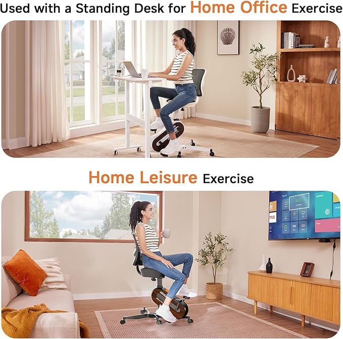 Office Exercise Bike Desk Chair,330 lbs Heavy Duty Under Desk Bike with 9-Level Height Adjustable Seat 24.4"-33.8",8-Level Resistance & Rolling Wheels,Quiet Fitness Chair for Home Office