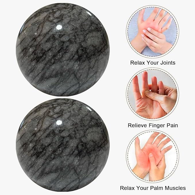 Hand Therapy Balls for Stress Relief,Baoding Balls for Women & Men,Marble Chinese Massage Ball Set for Hand Exercise,Arthritis,Brain Stress Relief,2 Pack with Storage Bag (1.38inch Dark Grey)