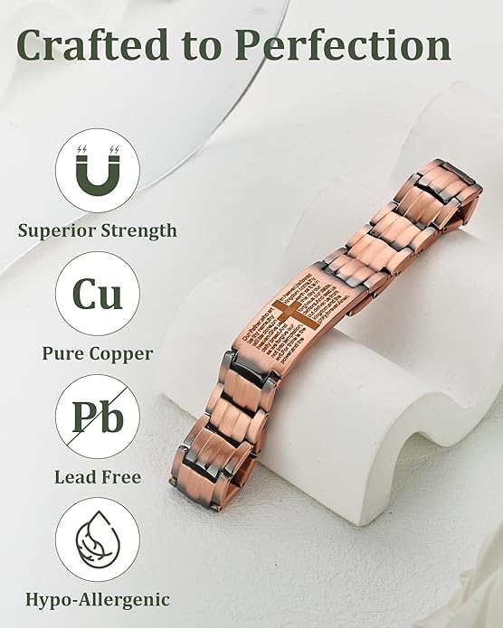 Copper Cross Bracelet for Men - Ultra Strength Magnetic Mens Cross Jewelry Set - Adjustable Magnetic Bracelet with Sizing Tool Jewelry Box