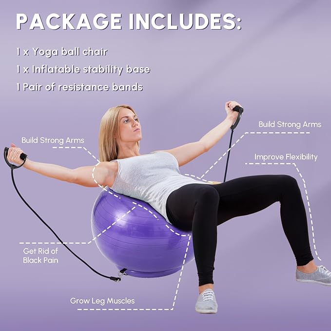 Yoga Ball Chair with Inflatable Stability Base Resistance Bands 65 cm Stability Ball Large Exercise Ball for Home Workout Office Desk Sitting Gym Fitness Back Pain Balance, Include Air Pump