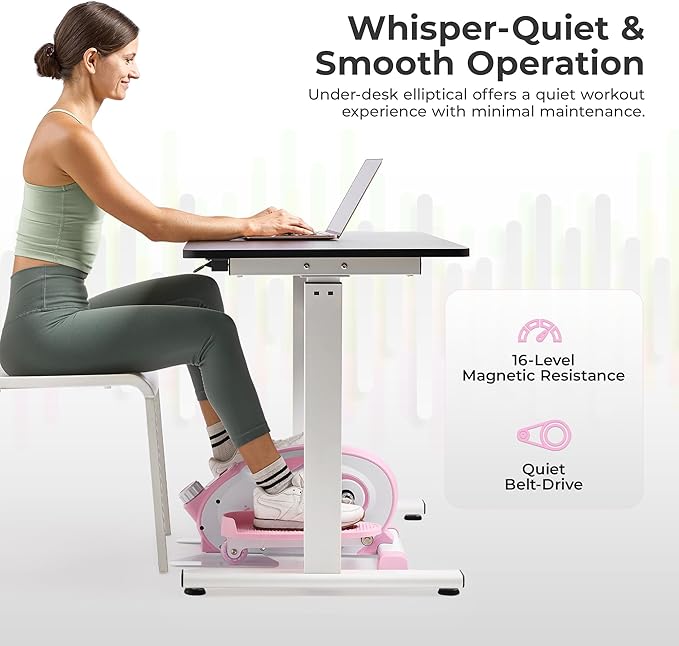 Sunny Health & Fitness Under Desk Elliptical Machine, Portable Sitting or Stand Peddler Exerciser for Seniors Home Office, SunnyFit App Access via Bluetooth with Optional Handlebar or Resistance Band