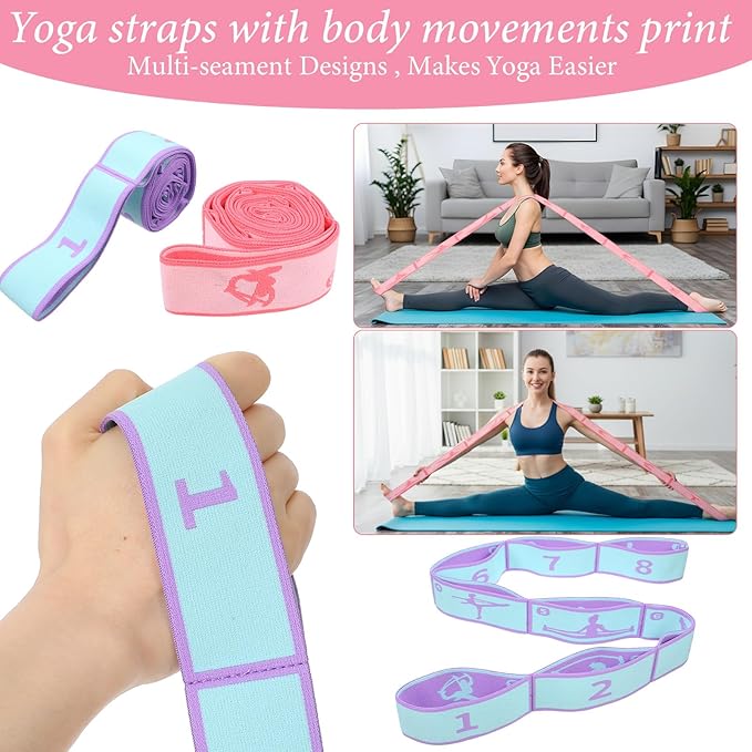 2PCS Elastic Yoga Stretching Strap with Loops, Stretch Strap for Dance, Gymnastics Stretching Ballet Dance Bands, Adjustable Stretching-Bands, Multi-Loop Exercise Bands for Pilates, Latin and Yoga