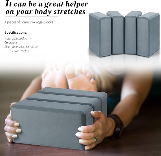 4 Pcs Yoga Blocks Soft EVA Foam Supportive Yoga Brick Non Slip Exercise Block Equipment for Pilates Exercise Workout Meditation Supplies, Grey, 9 x 6 x 3 Inches