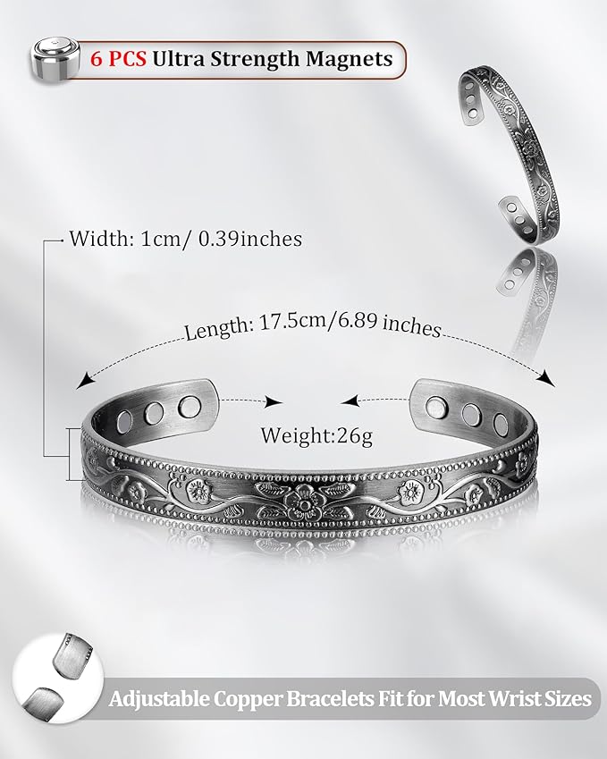 BioMag 2 Pcs Magnetic Copper Bracelets for Men, 99.99% Pure Copper Cuffs with 3500 Gauss Magnets, Adjustable Size, Intricate Floral Pattern, Antique Silver