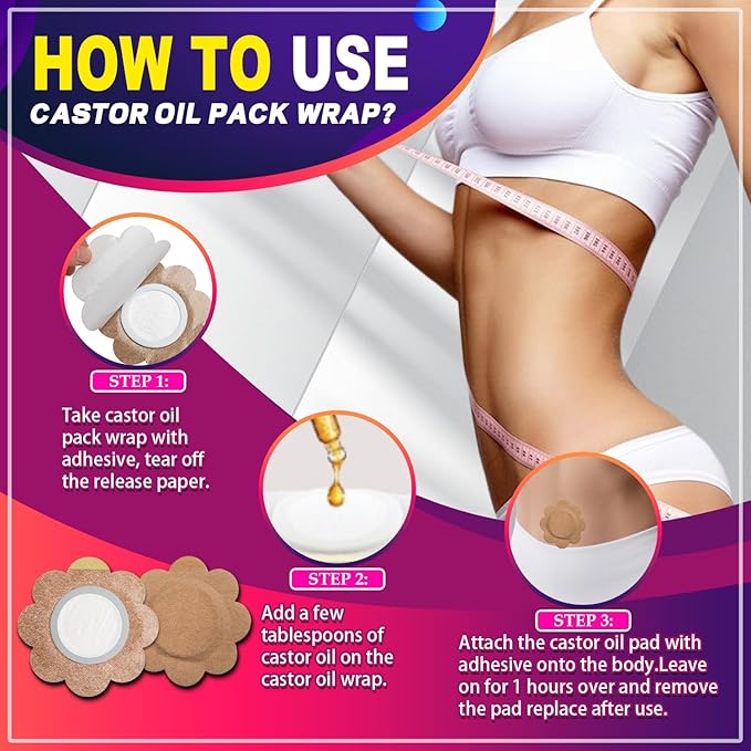 Castor Oil Pack Wrap Patch - Organic Cotton Castor Oil Belly Button Patch, Disposable Self-Adhesive Abdominal Pads, Portable Anti Leakage High Absorbent Patch for Multi-Area Use 50Pcs