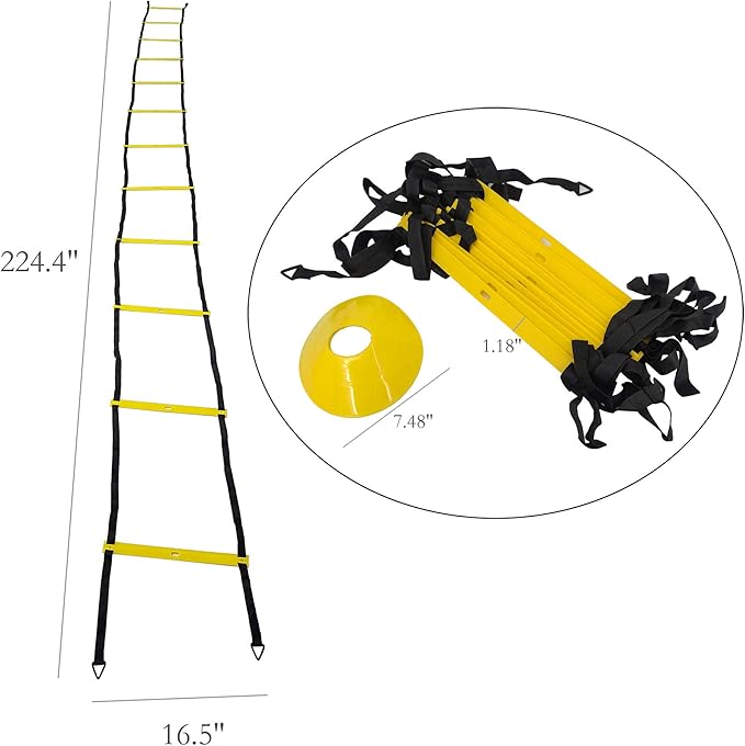 Full Size Agility Ladder and 8 Speed Cones Training Set with Carrying Bag, Great Agility Training Equipment with Drill Charts, Enhance Footwork, Balance Great for Soccer, Football, Hockey Basketball