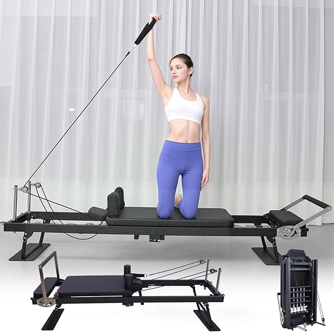 Foldable Pilates Reformer, Home Fitness Pilates Machine, Aluminum Sliding High Platform Design, 120kg Load Capacity Portable Roller, 197cm Multifunctional Yoga Studio Exercise Equipment