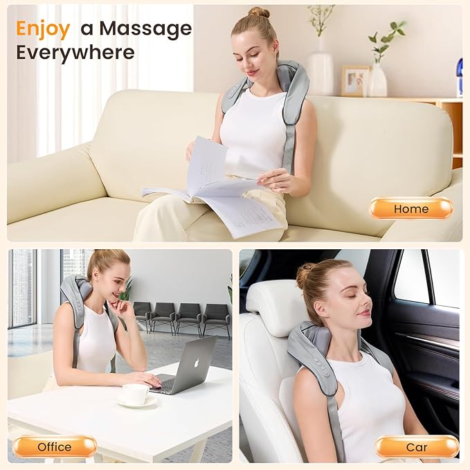 4D Wireless Deep Tissue Kneading Neck Massager,Shiatsu and Shoulder Massage Pillow,Massager with Heat,Back and Leg Pain Relief, Body Muscle Pain Relief, Perfect Gifts for Men Women. (Grey)