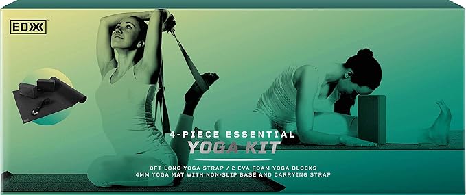 EDX Essential Yoga Kit with Mat, EVA Foam Blocks, Carrying Strap for Pilates, Workouts, Exercise | Set of 4, Black