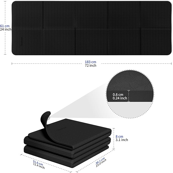 Readaeer Foldable Yoga Mat for Travel Folding Yoga Mat 6mm Thick with Carrying Bag, Non-Slip TPE Exercise Pilates Mat for 72" L x 24" W x 0.24 Inch