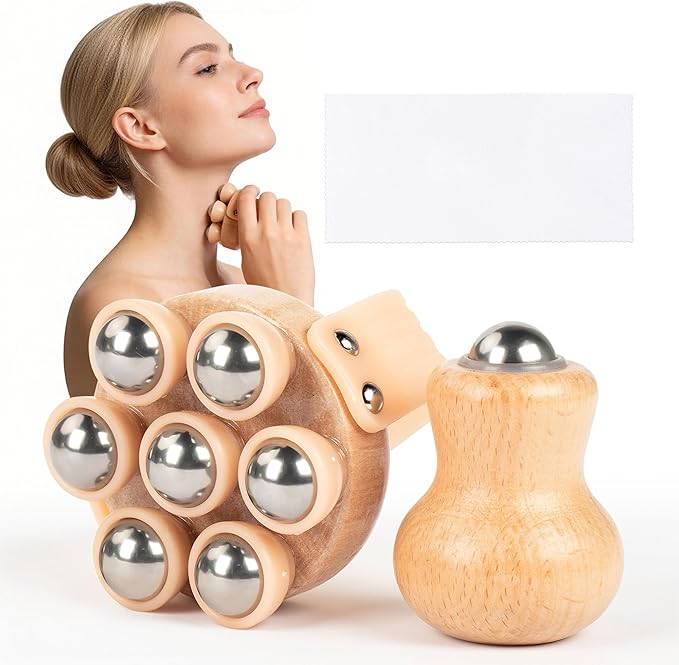 2 Pack Wooden Handheld Lymphatic Massager with Multi Ball and Finger Ball Rollers, Featuring Smooth 304 Stainless Steel Balls for Body Contouring, Cellulite, Circulation and Muscle Relief