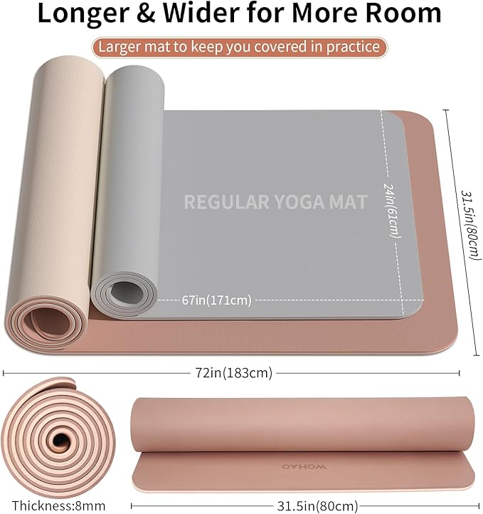 Extra Thick 8mm Yoga Mat, 72"x28" Non Slip Exercise Mat, Reversible 2-Sided Dual Color Premium POE Material, with Carrying Strap for Yoga, Pilates, Home Gym