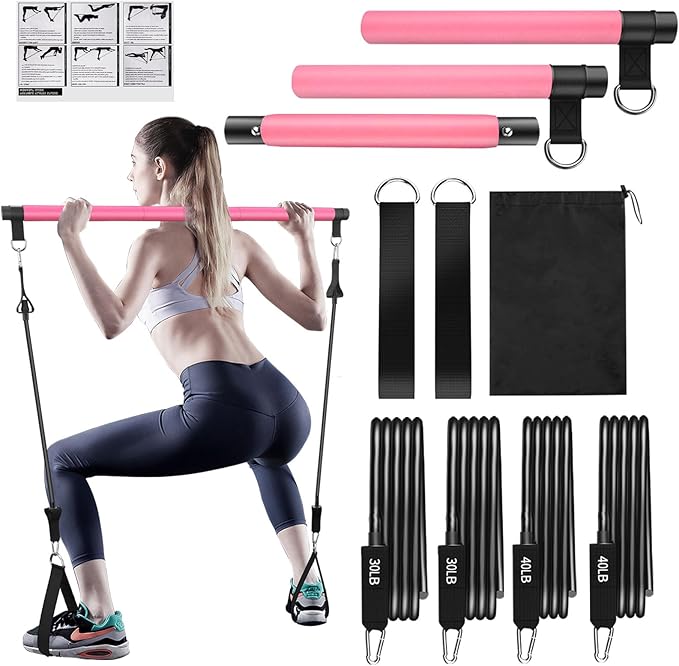 Pilates Bar Kit with Resistance Bands,Pilates Bar with Stackable Bands Workout Equipment for Legs,Hip,Waist and Arm,Exercise Fitness Equipment for Women & Men Home Gym Yoga Pilates