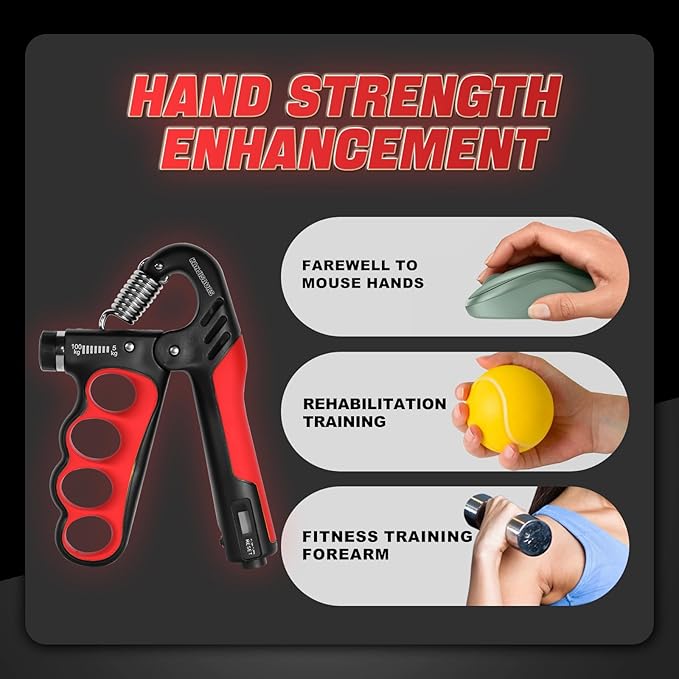 Grip Strength Trainer, Adjustable Resistance Forearm Strengthener with 11-220Lbs (5-100KG), Digital Counter, Ergonomic Hand Gripper Strengthener for Musicians, Athletes & Injury Recovery