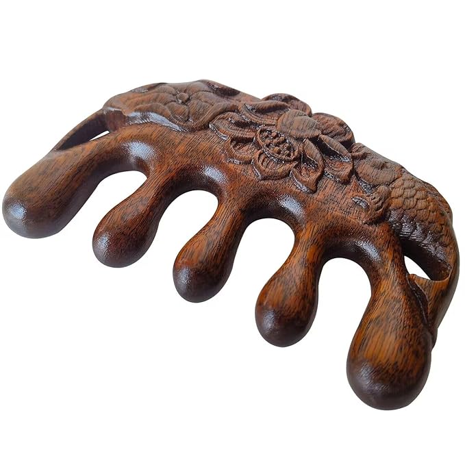 Wooden Massage Comb 100% Natural Handmade Pure wood Five-tooth Meridians Scalp Massager Comb No Static Wide Tooth Combs for Head Scalp Combs Meridians Scraping Massage Tool (Carving style)