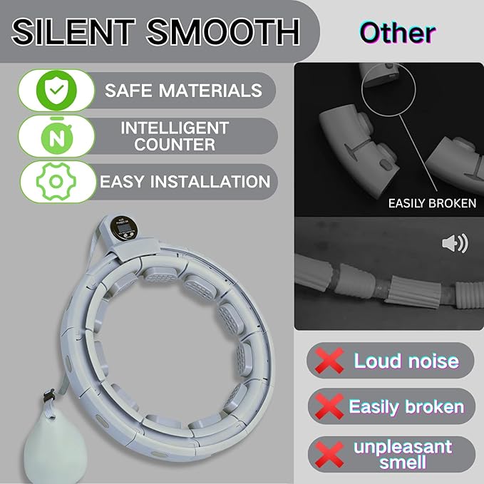 Smart Silent Weighted Exercise Infinity Hoop - Patent Pending (80% Quieter + Auto Count), Adjustable 30"-50" Fitness Hoop for Adults, Core Ab Workout with Infinity Hoop Circle for Women & Men (Grey)