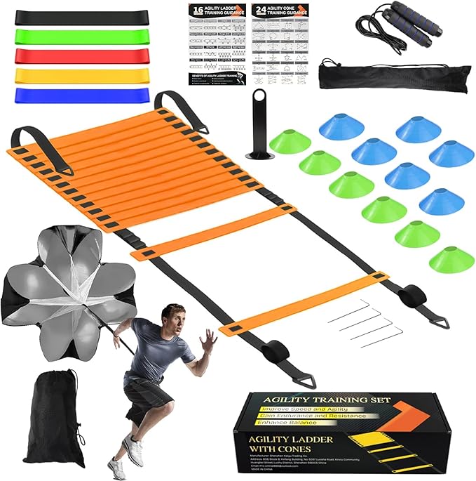 Speed Agility Training Equipment Set, Agility Ladder 20ft, 12 Football Cones, Resistance Parachute/Soccer Kick Trainer, Jump Rope, 5 Resistance Bands, Football Practice Equipment for Kids Adults
