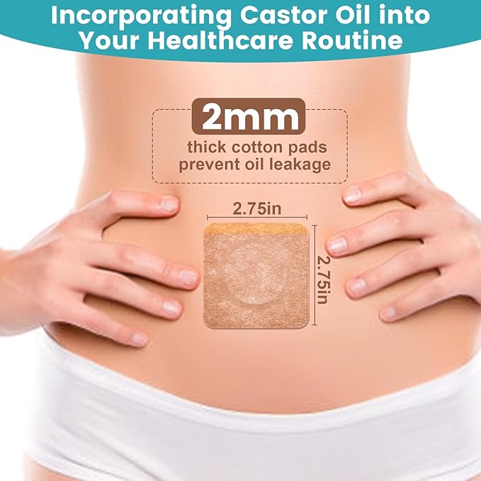 36Pcs Castor Oil Pack Wrap, Organic Cotton Castor Oil Patches for Belly Button, Disposable Self-Adhesive Pads, Portable Anti Leakage No Wash Kit