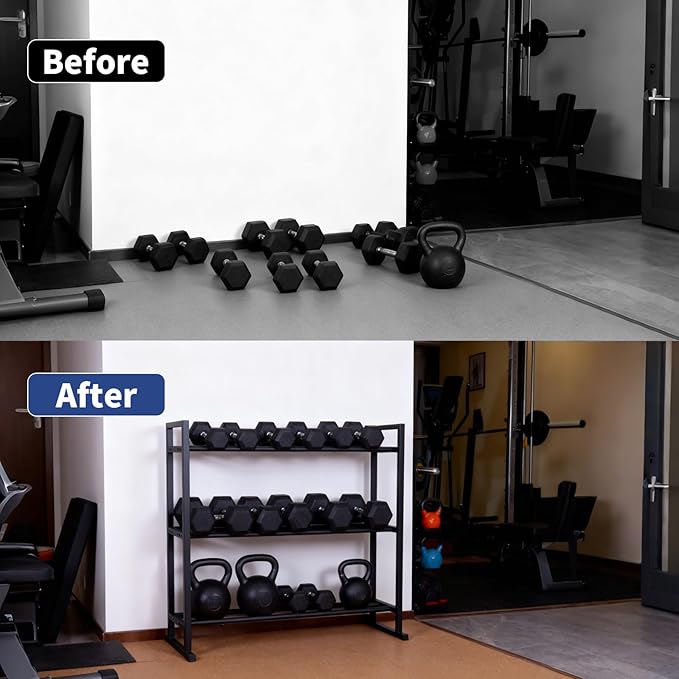 3-Tier Adjustable Dumbbell Rack ，Weight Storage Stand Holder for Dumbbells & Kettlebells, Heavy-Duty Metal Multi-Purpose Gym Equipment Storage Stand for Home Gym Accessories