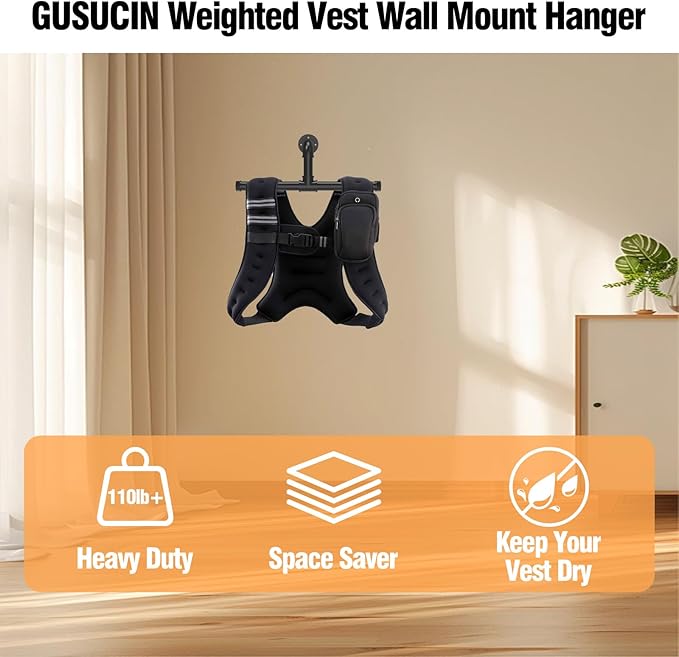 Heavy Duty Wall Mount Hanger for Weighted Vest Women Men – Wall Rack Holds Over 110lbs, Adjustable Weights Vest Storage, Space-Saving Storage for 6lb, 8lb, 12lb, 16lb, 20lb, 25lb, 30lb Weight Vest