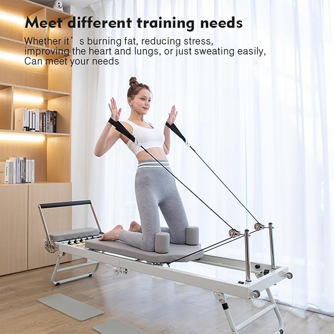 Pilates Reformer Machine, Foldable Pilates Reformer Machine for Home and Gym, Load-Bearing 120kg, Five Rubber pulls Contains Square Boxes