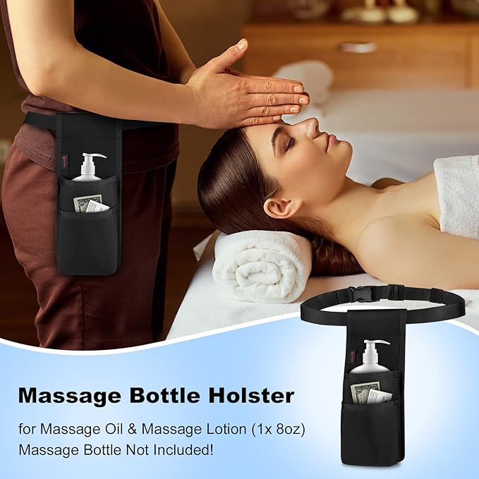 SITHON Professional Massage Bottle Bag for 1 Bottle, Lotion Oil Waist Holder Organizer, Massage Therapist Holster with Adjustable Belt, Multiple Pockets (Bag Only) (Black)
