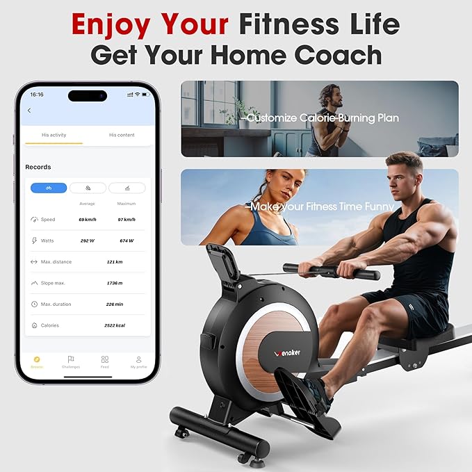 Rowing Machine for Home, Magnetic Rower Machine, 350 LB Weight Capacity, 16-Level Silent Resistance Row Machine for Gym Exercise Full-Body Workout Compact Rower with LCD Monitor Tablet Holder