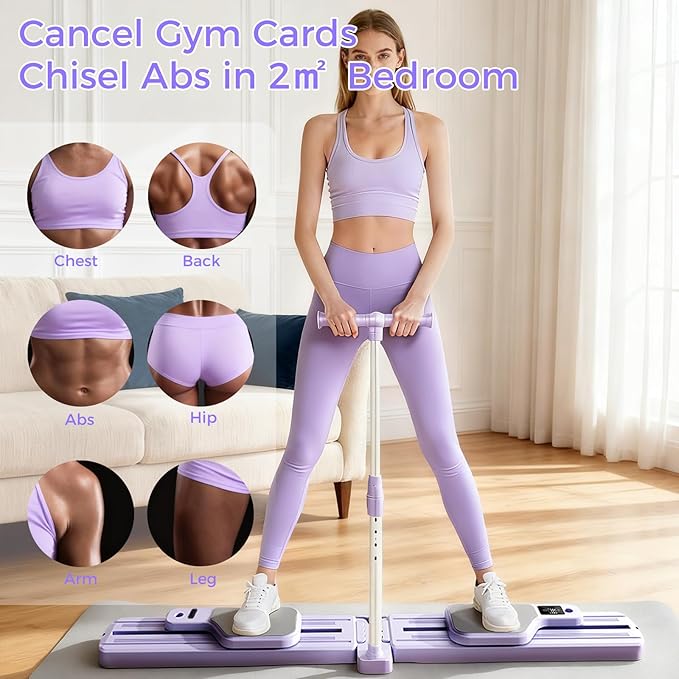 Pilates Board, Pilates Reformer, Portable Pilates Reformer, Pilates Board for Home Workout, 9 in 1 Foldable Pilates Equipment with Timer & Resistance Band, Fitness, Exercise, Ab, Core (Purple)
