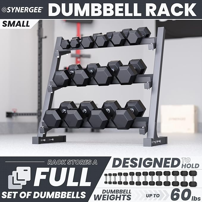 Synergee Dumbbell Rack for Home Gym – 3 Tier Adjustable Weight Rack for Dumbbells – Space-Saving Storage Shelf – Available in 38" or 46" – Heavy Duty Steel Frame – Easy Assembly
