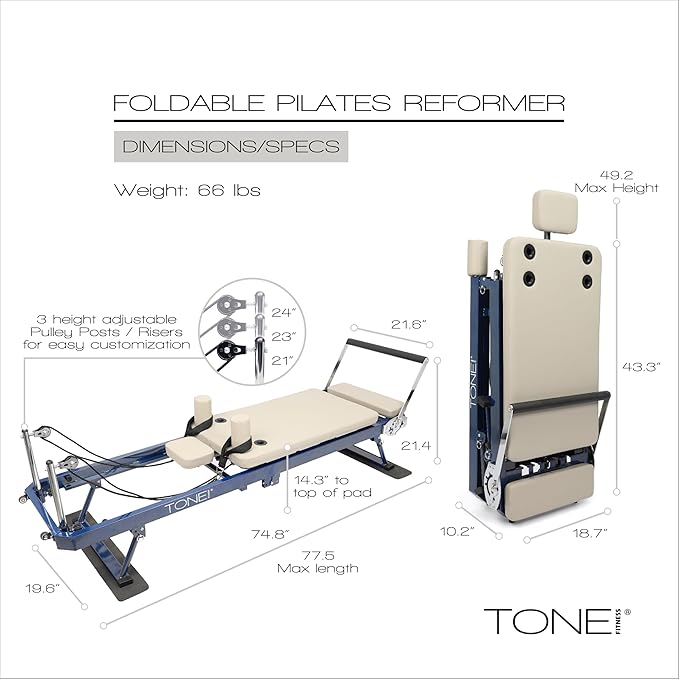 Tone Fitness Foldable Pilates Reformer – Portable Pilates Machine with Adjustable Resistance Bands, Smooth Glide Carriage & Full-Body at-Home Pilates Workout Equipment