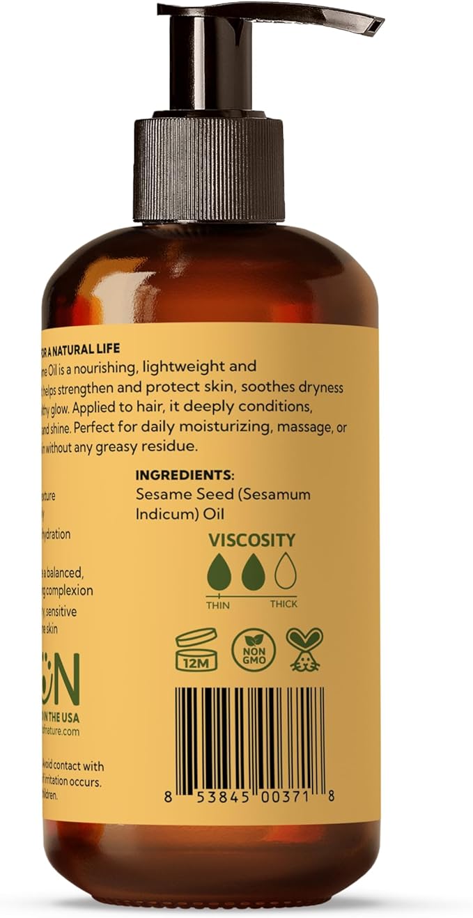 Best of Nature 100% Pure Sesame Natural Unscented Massage Oil, Deep Moisturizing Body & Skin Oil, Perfect Carrier Oil for Essential Oils, 8 fl oz