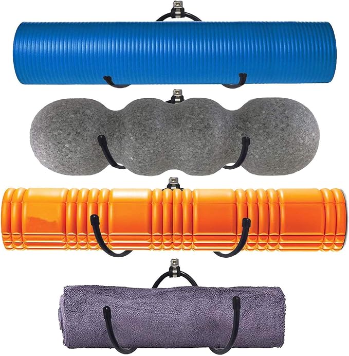 Yoga Mat Storage Foam Rollers Rack Rolled Bath Towels Holder Shelf - Solid Quality Wall Mountable for Bathroom Yoga room Yoga Massage Muscle Roller Exercise Mat, Adjustable Size,Up to 20Lbs - （4 Pack）
