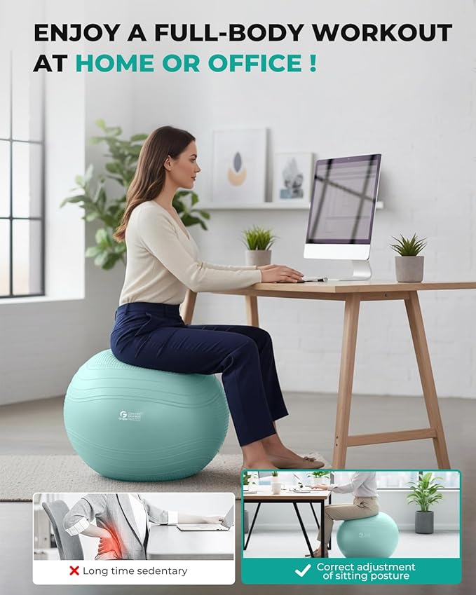 Gruper Yoga Ball, Extra Thick Exercise Ball for Workout Pregnancy Stability - 4 Sizes Anti Burst Balance Ball for Yoga, Pilates, Fitness, Birthing, Physical Therapy - Includes Pump