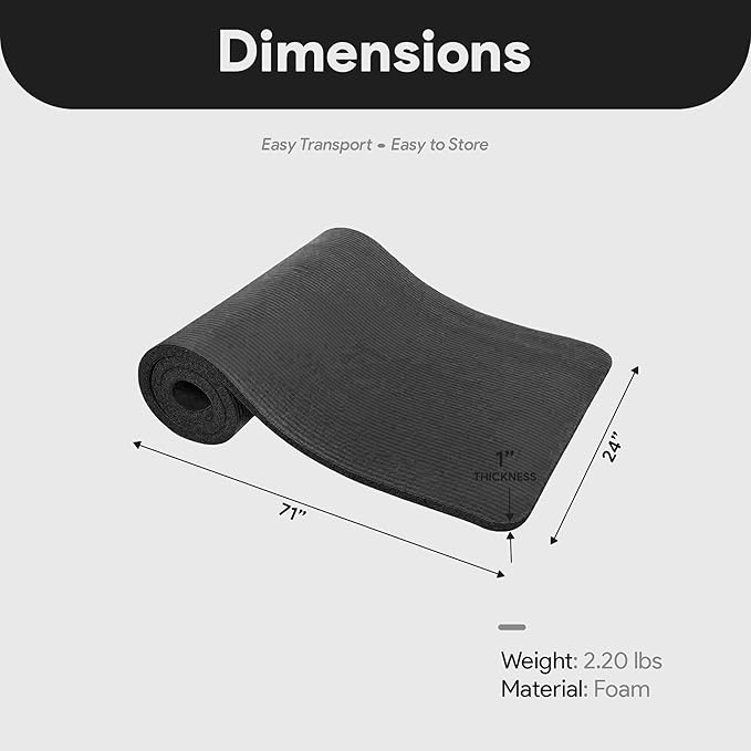 BalanceFrom 71x24 Inches Extra Thick Yoga Mat 1-Inch High-Density Foam – Roll-Up Exercise Pad with Double-Sided Non-Slip Surface and Carrying Strap for Pilates and Home Workouts, Multiple Colors