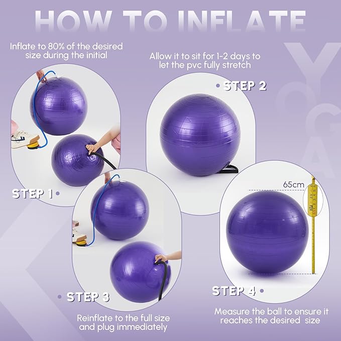 Yoga Ball Chair with Inflatable Stability Base Resistance Bands 65 cm Stability Ball Large Exercise Ball for Home Workout Office Desk Sitting Gym Fitness Back Pain Balance, Include Air Pump