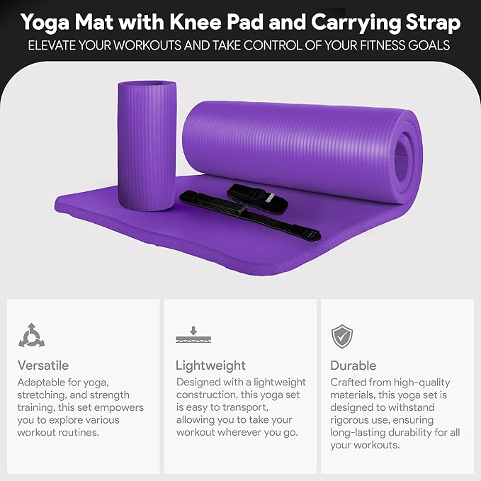 BalanceFrom 71x24 Inches Yoga Mat with Knee Pad and Optional Blocks – Extra 1-Inch Thick Non-Slip Foam with Anti-Tear Surface and Carrying Strap for Home, Studio, or Gym Workouts