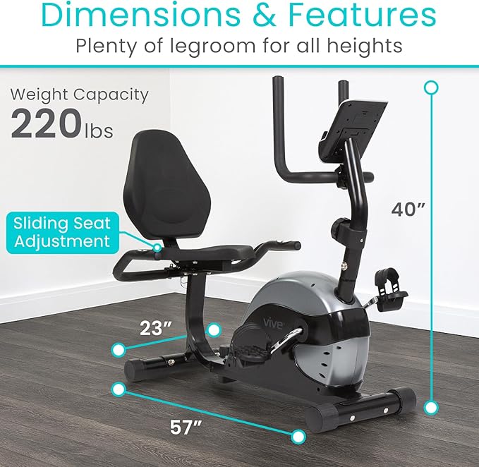 Vive Recumbent Exercise Bike - Stationary Recumbent Exercise Cycle Device for Seniors, Adults, Men and Women - Indoor Fitness Equipment - at Home Cycling, Adjustable Resistances, Digital Display