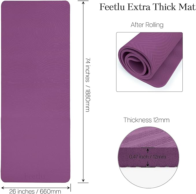 Extra Thick 12mm Exercise Mat – Non-Slip, Joint-Friendly & Cushioned Fitness Mat for Yoga, Pilates & Floor Workouts – Durable, Supportive & Includes Feetlu Classic Strap