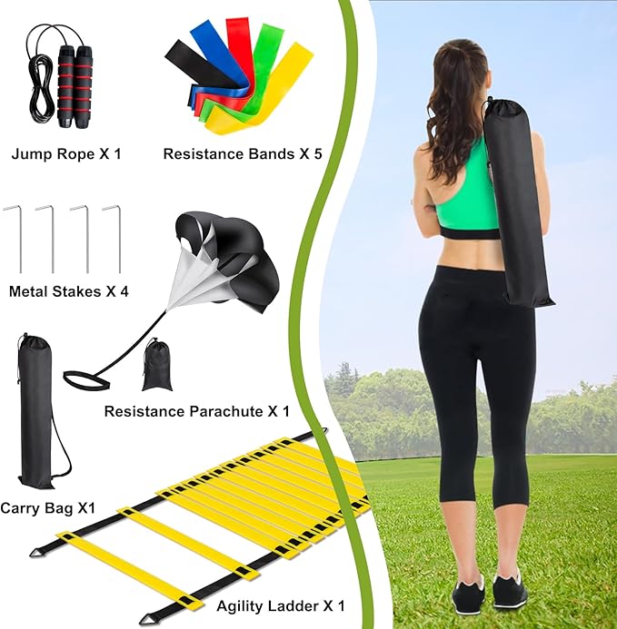 Agility Ladder, Football Training Equipment Set, 20 feet 12 Rungs Speed Ladder,50 Disc Cones,Resistance Parachute, Jump Rope, 5 Resistance Bands for Workout