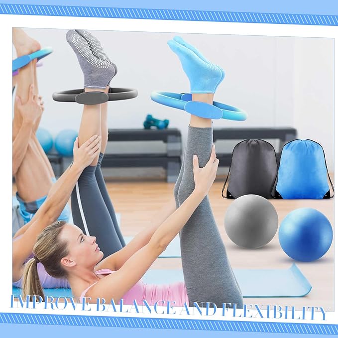 Poen Pilates Equipment Kit for Home Workout Pilates Ring and Ball Set for Women 12'' Circle Yoga Fitness Essentials Kit with Resistance Bands, Yoga Strap, Socks,Bag