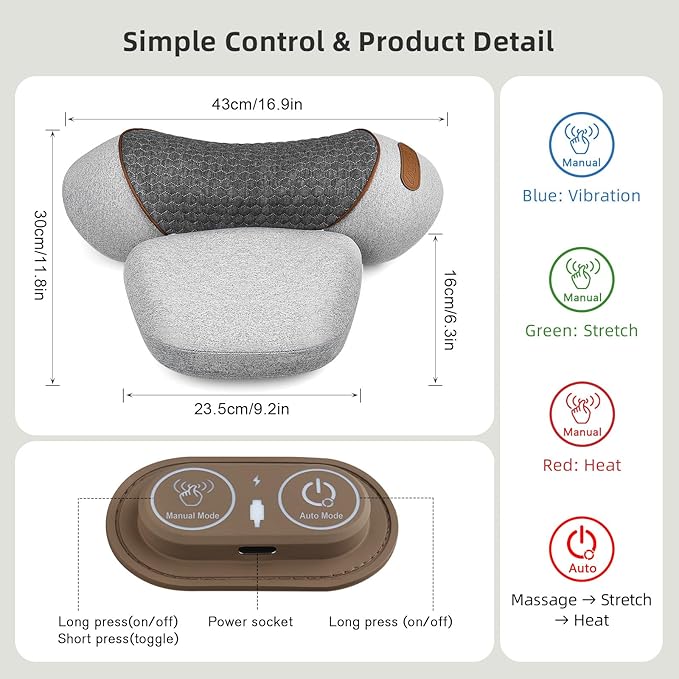 3-in-1 Neck Massager Pillow with Heat, Massage & Stretcher, Traction Massager for Neck Hump, Shoulder & Muscle Relaxation, Pain Relief & Cervical Support, Ideal Gift for Women & Men