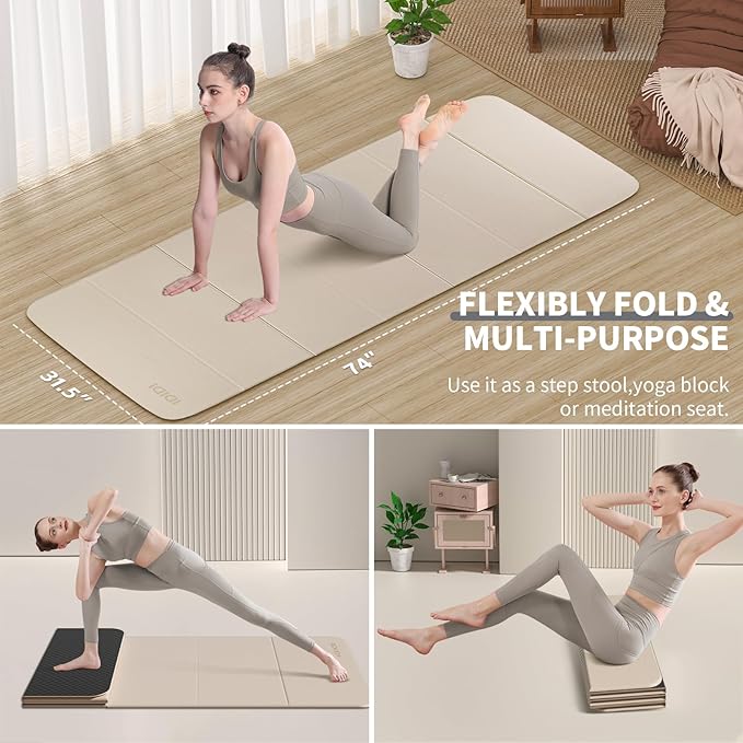 Foldable Yoga Mat Extra Thick & Large (74" x 31.5" x 0.32"), Double-Sided Non Slip & Lightweight Fitness Mat, 8mm Thick Wide Exercise Mats for Woman Man Kids, Portable Workout Mats for Travel, Studio or Home Use