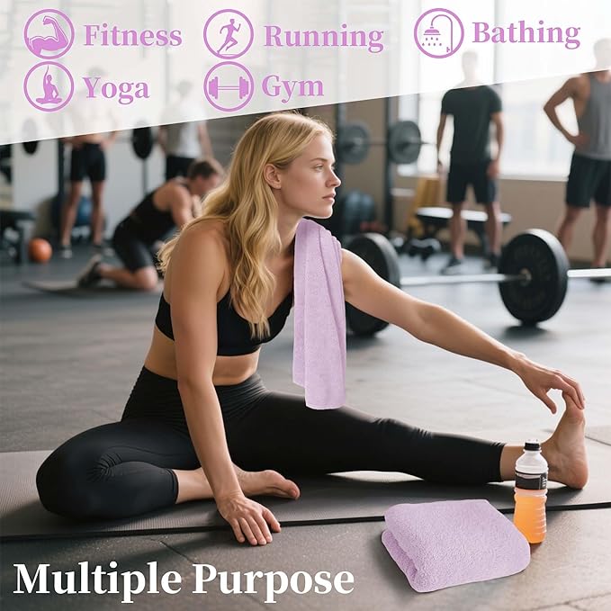 Sports Towel for Yoga & Running, 2-Pack Gym Towels (47"x16") - 100% Cotton, Super Absorbent & Fast Drying Sweat Towel for Workout, Tennis, Fitness & Shower, Ideal for Women & Men, Purple