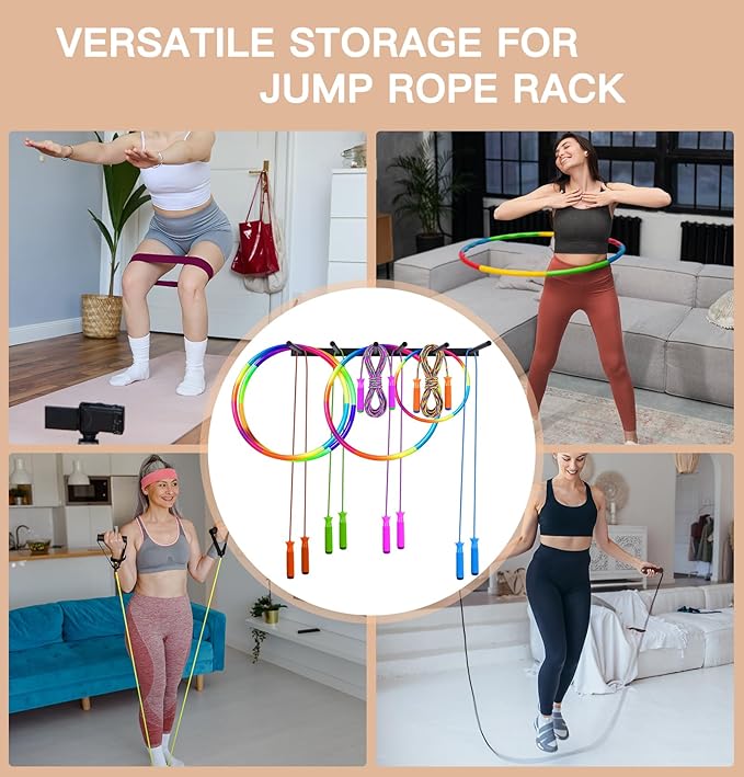 BiJun Wall Mount Jump Rope Rack Multi Use Hoop Rope Holder Organizer Fitness Equipment Storage Rack for Hoops, Foam Rollers Resistance Bands,Home/Gym Storage