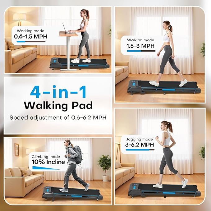 Walking Pad Treadmill, 6.2MPH Under Desk Walking Pad with 10% Incline, Treadmills for Home with Double Frame, 2.75HP Brushless Drive, 12 HIIT Programs, Remote Control, 350LBS Capacity