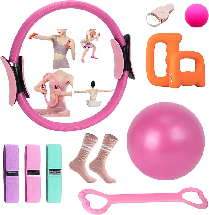 Home Pilates Kit for Women, Pilates Equipment Ring Set with Magic Circle, Body Tape Measure, D Grip Dumbbells, Pilates Ball, Massage Ball, Yoga Socks and Resistance Bands
